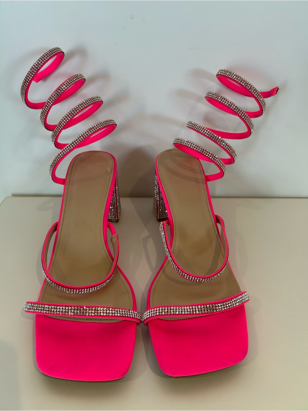 Refuge Hot Pink Rhinestone Spiral Wrap Barbiecore Square Toe Heels